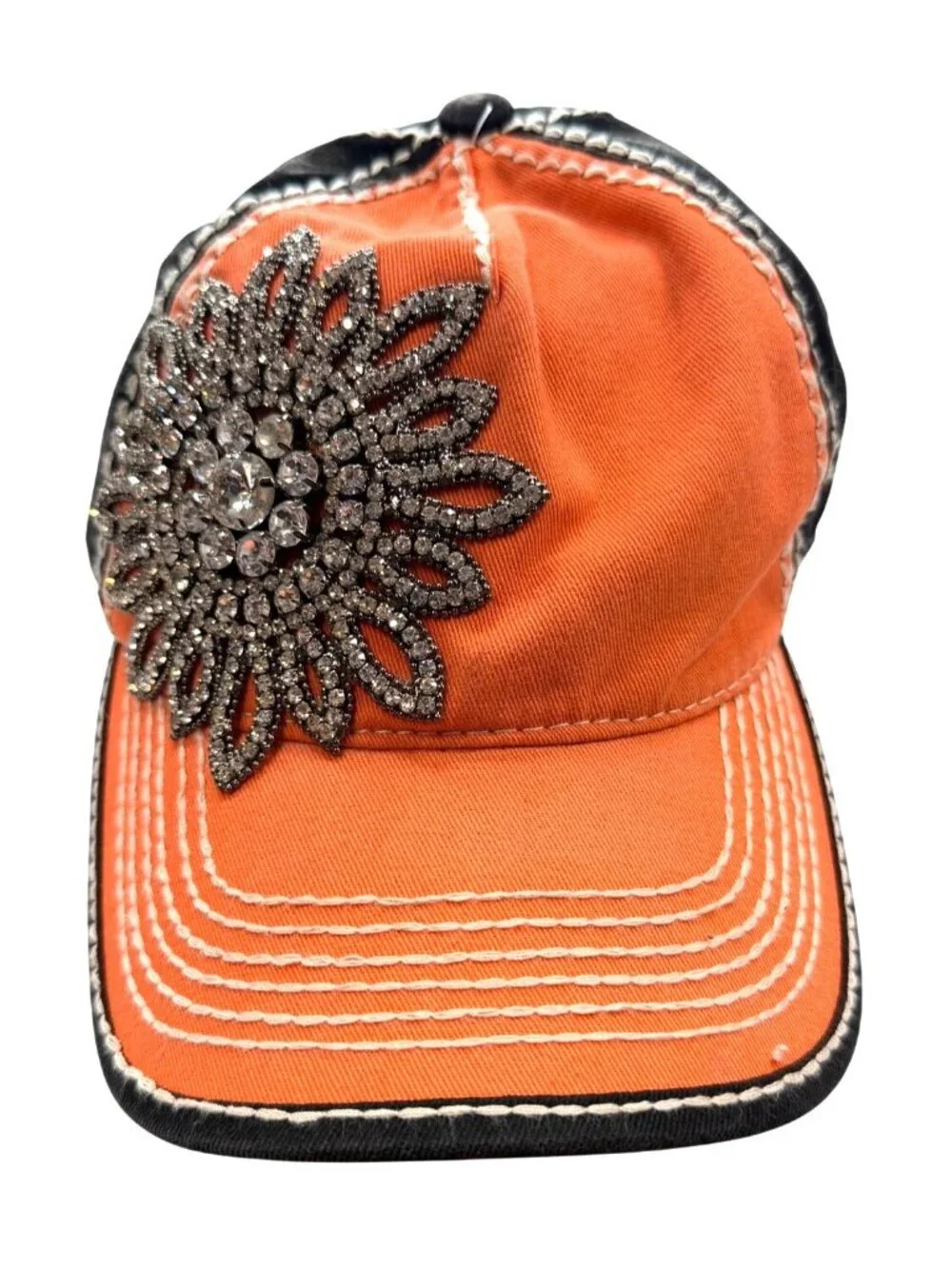 Olive & Pique Orange Distressed Baseball Cap with Huge Rhinestone Flower Bling
